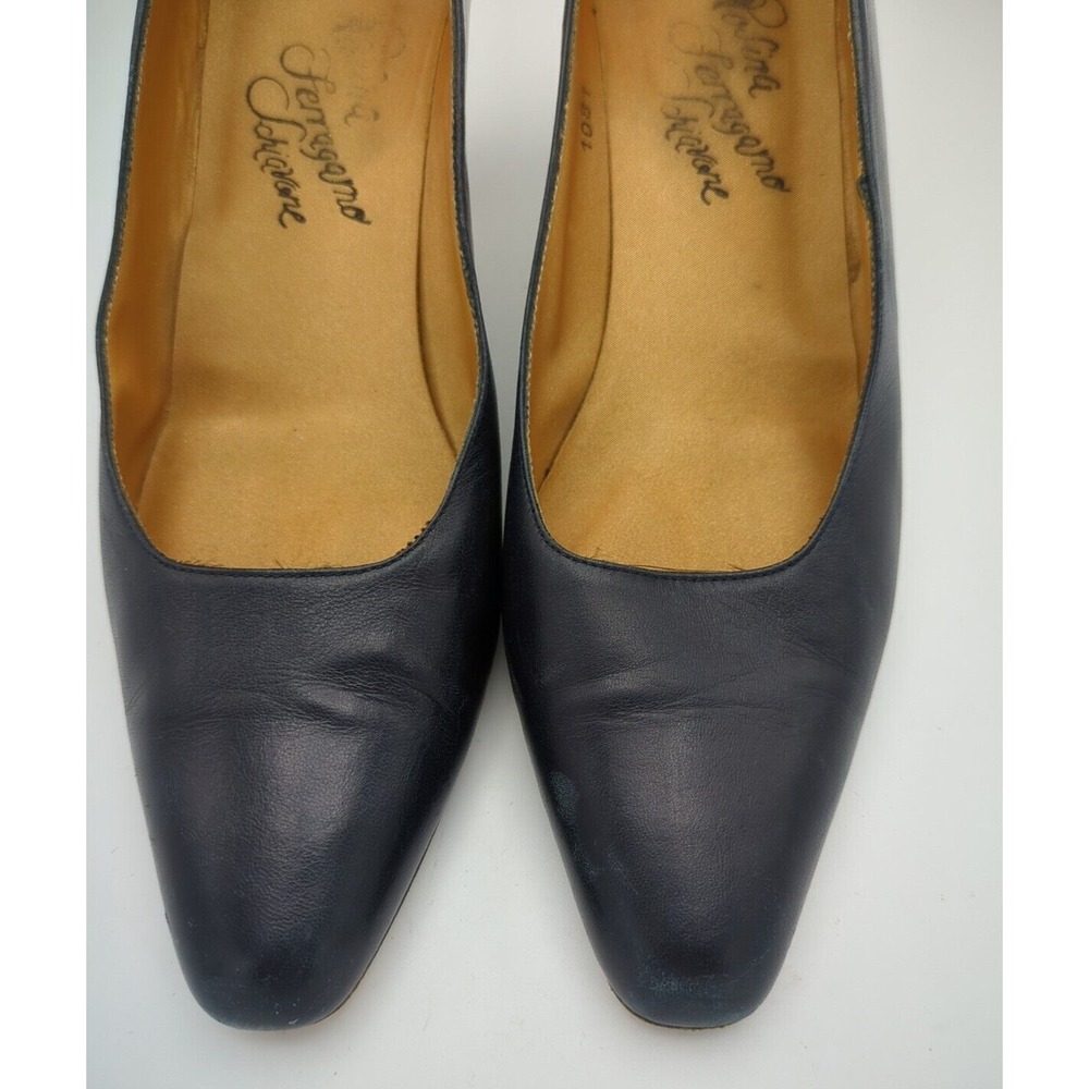 Vtg‎ Rosina Ferragamo Schiavone Block Heeled Pumps Navy Blue Leather Womens 7.5 - Picture 10 of 16